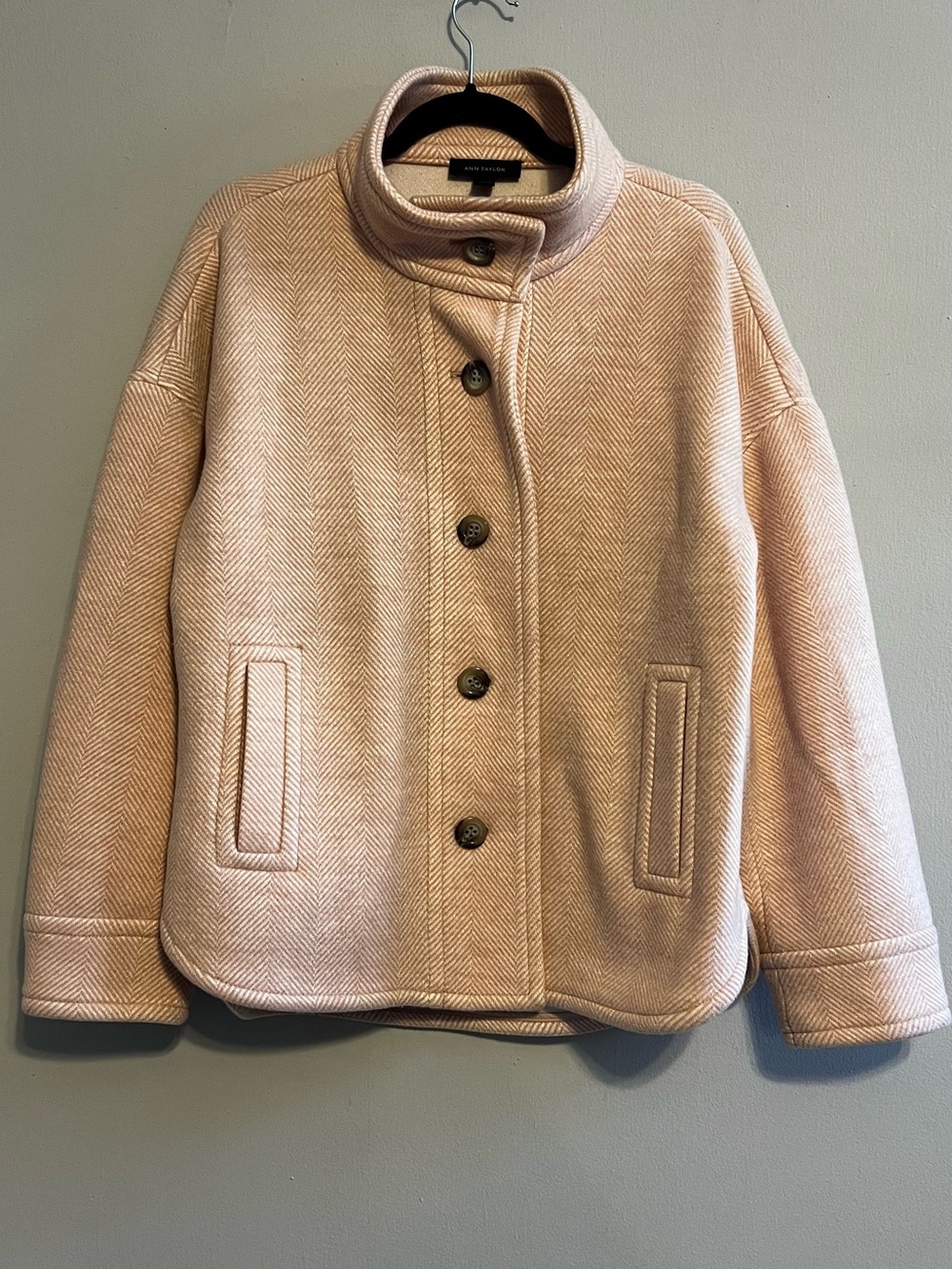 Ann Taylor Herringbone Funnel Neck Coat in Soft Pink + Tan/Cream Womens Medium